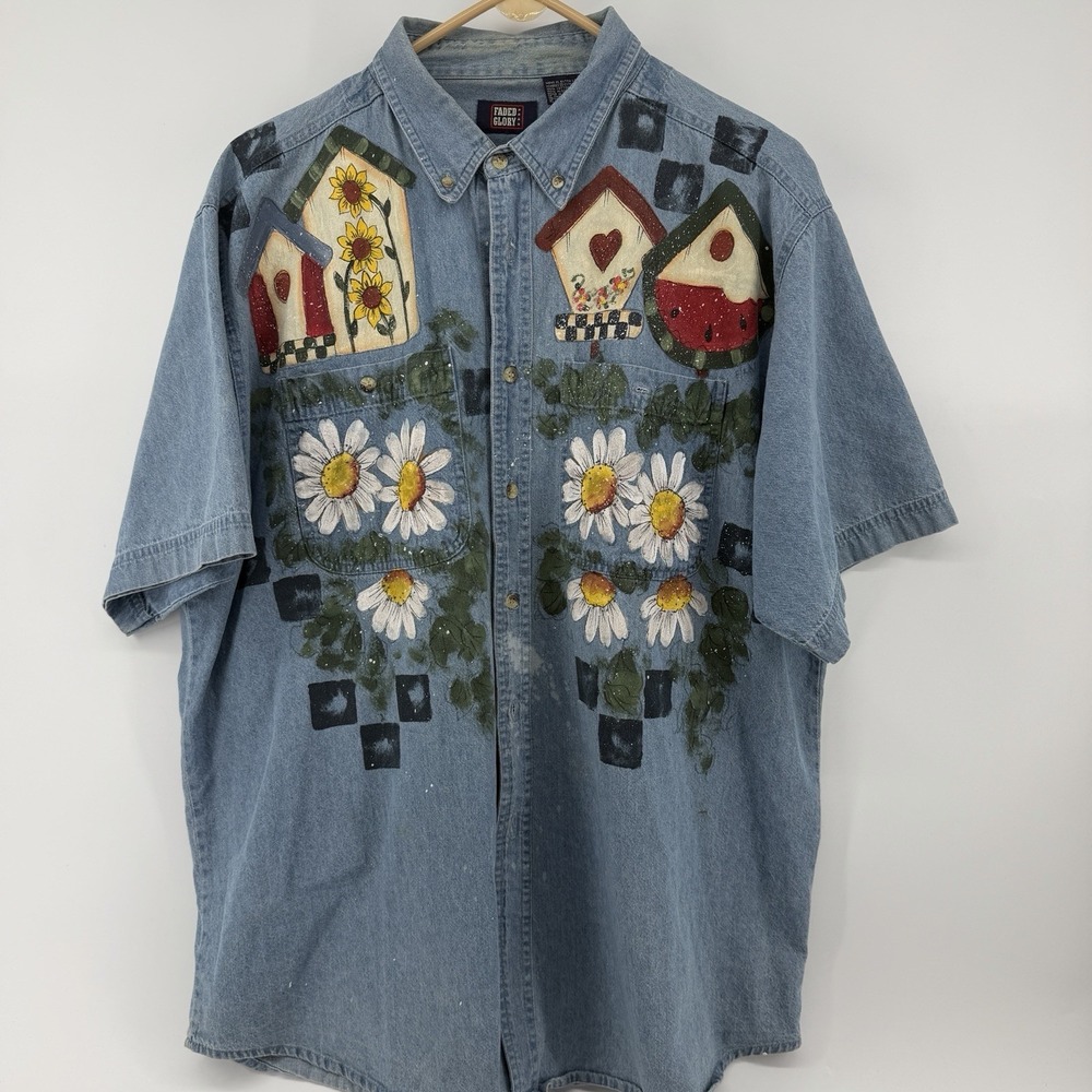 Hand‎ painted Denim Button Up XL Top Daisy Birdhouse Springtime Cottagecore